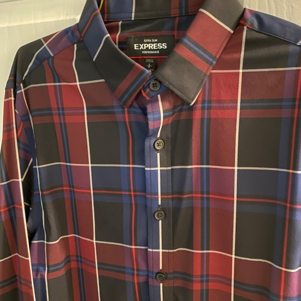 Express Men’s Performance Button-Down, Size S, Black/Blue/Red Plaid